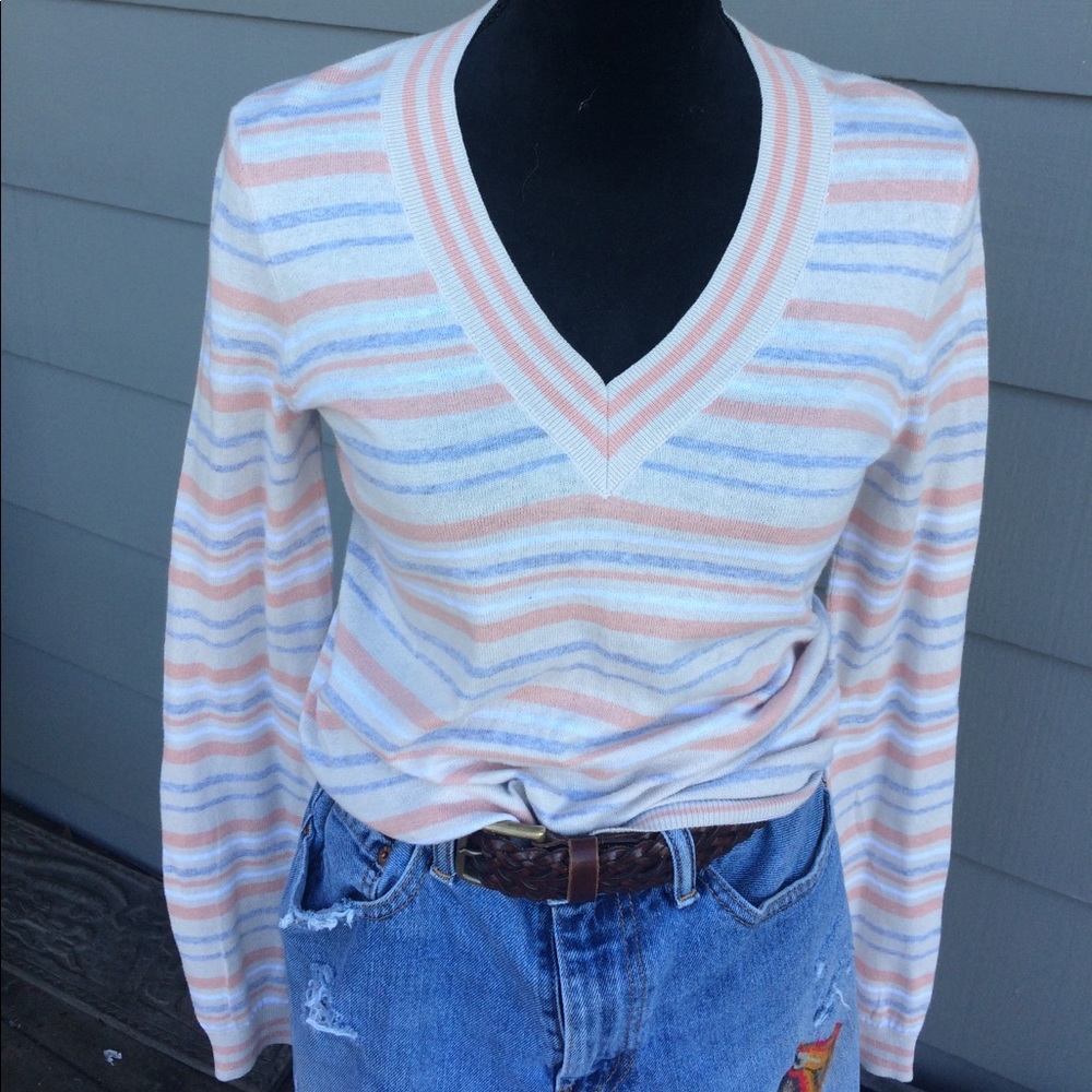 BCBG Cotton Knit Stripe V-Neck